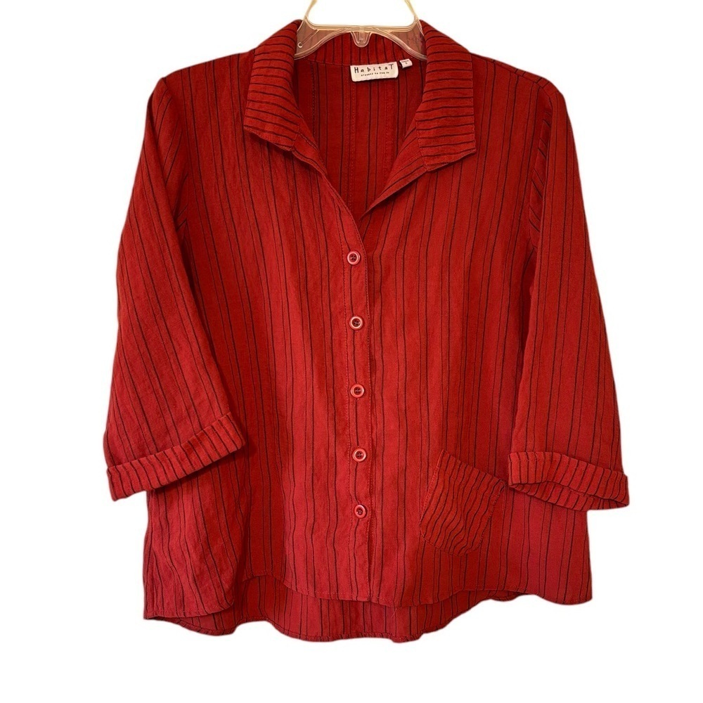 Habitat Striped Lagenlook Button Down Blouse Red Rust Sz Small